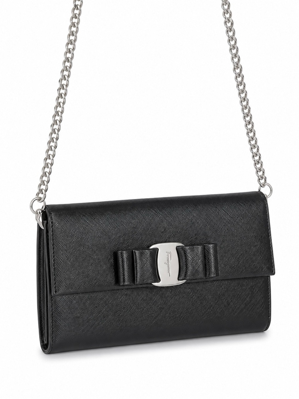 Salvatore Ferragamo Vara Bow Wallet on Chain Crossbody Clutch Black Saffiano lux